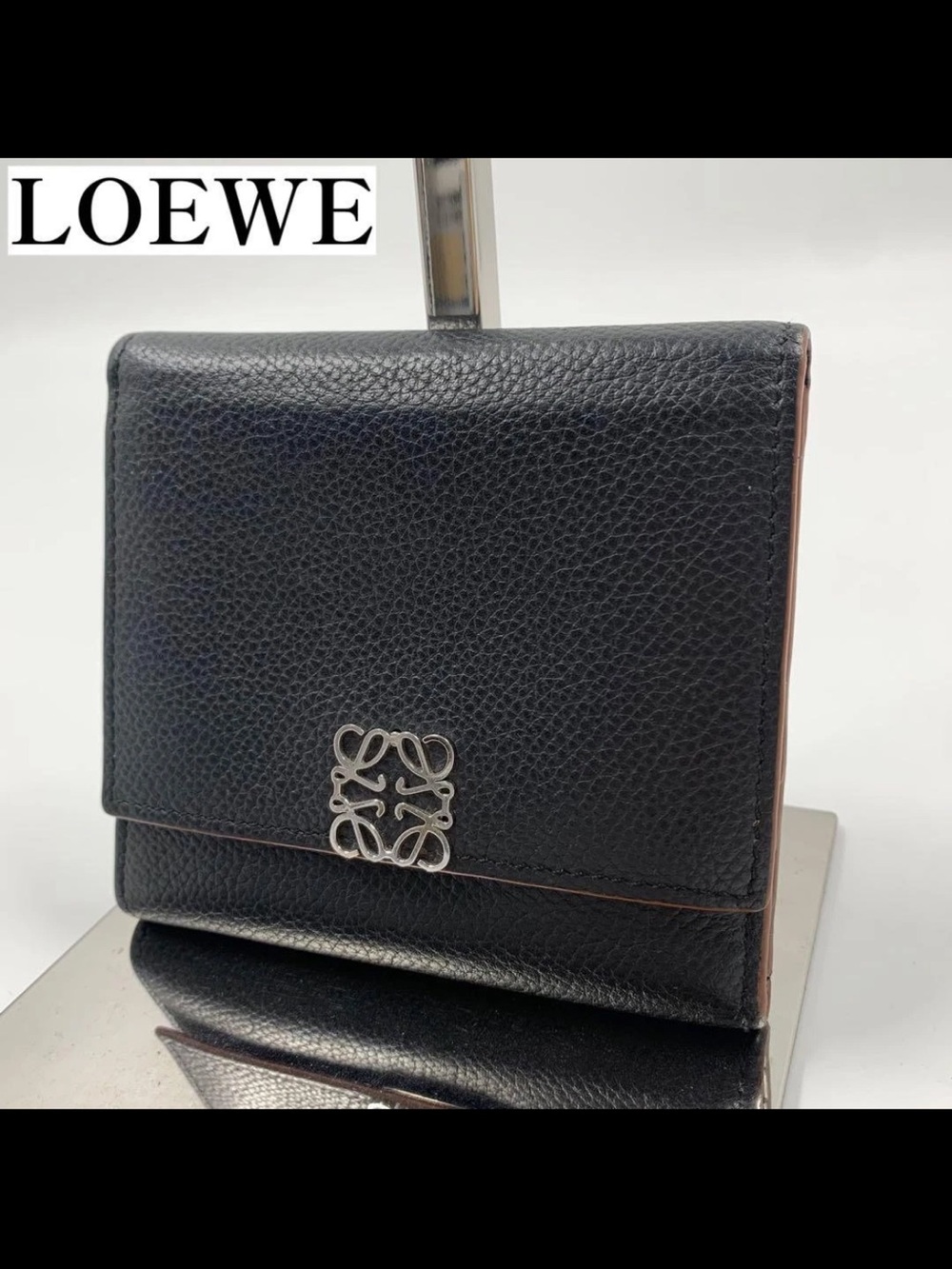 Loewe Black Pebbled Leather Trifold Wallet with Silver Anagram